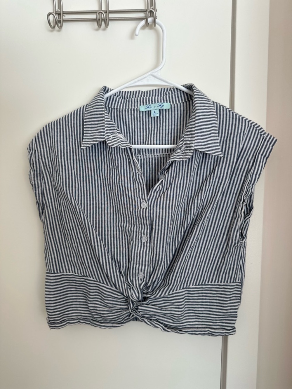 She + Sky Navy and White Striped Button-Front Tie Hem Top